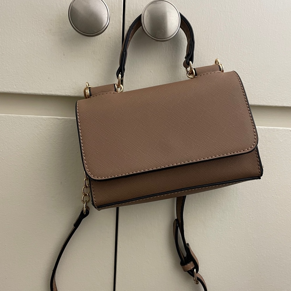 Tan brown coffee gold tone crossbody bag